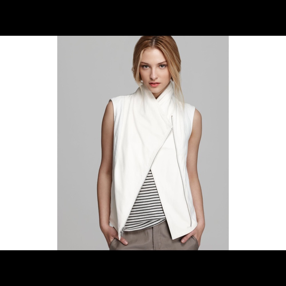 Vince White Vest Rustic Leather Trim Asymmetric